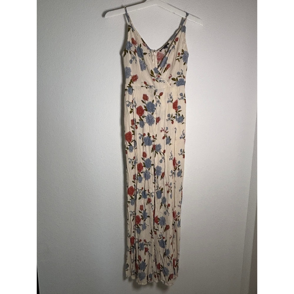 American Eagle Floral Wide Leg Jumpsuit Cream Blue Red Rose Boho 00